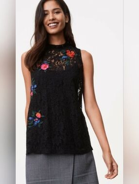 LOFT Black Lace Sleeveless Camisole with Multicolor Floral Embroidery